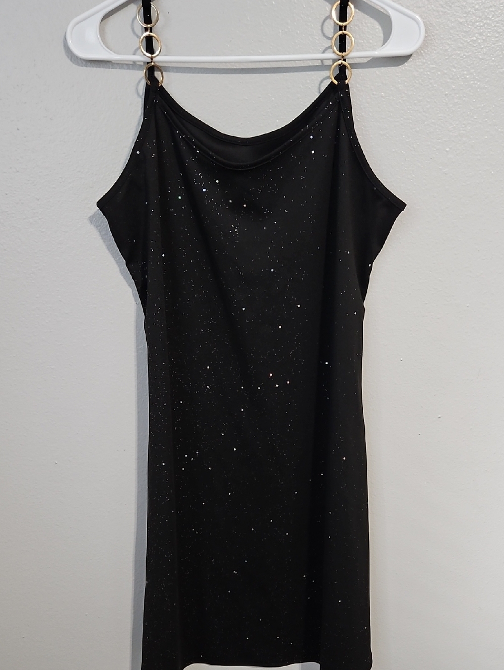 Black Rainbow Sparkle Slip Dress with Gold Ring Straps